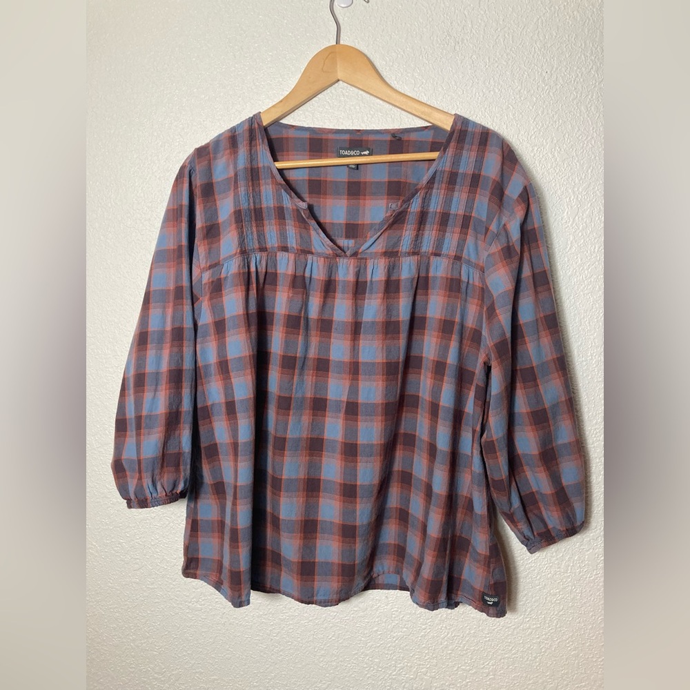 Toad & Co XL Willet purple and blue plaid blouse top 100% organic cotton